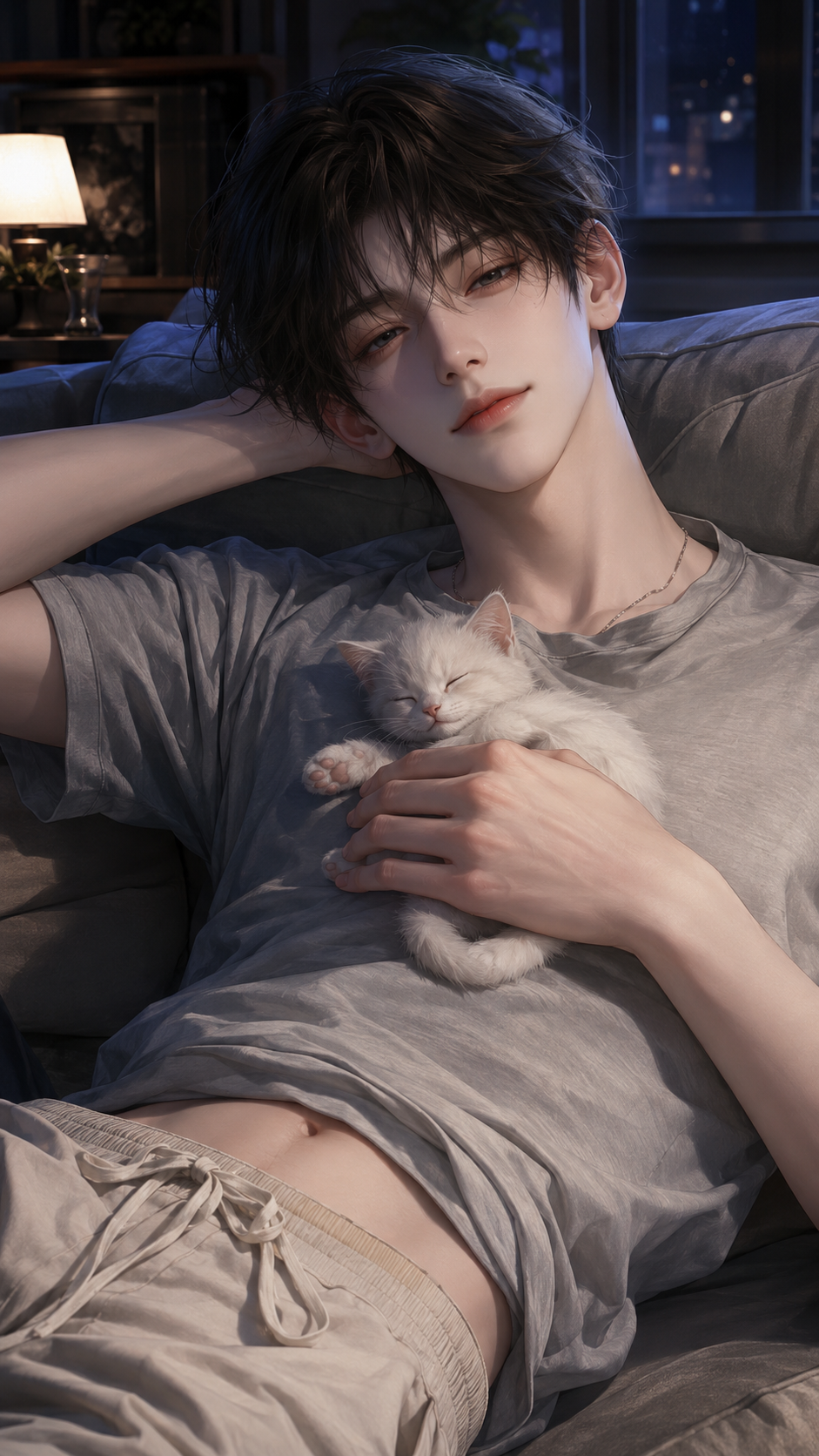 夜晚抱着小猫的角色